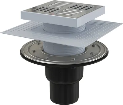 Obrázek produktu pro Podlahový odtok AlcaDrain 150 × 150/50/75 mm s jedním svislým odtokem, roštem z nerezové oceli, těsnicí přírubou a límcem z nerezové oceli-2. těsnění, zápachová uzávěrka s těsnicí vodou a s klapkou