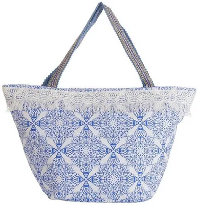 Produktbild von XXL Strandtas mit Fransen - Schultertasche für Damen - Große Shopper mit Reißverschluss - 58 x 36 x 18 cm - Rosa/beige