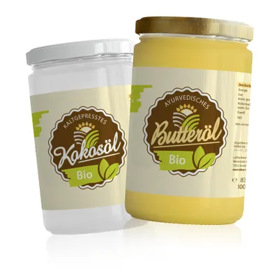 Produktbild von LaFiNa Probierset Ghee -Butteröl 830g + Kokosöl 830g | Kennenlernpaket 2x830g Glas | -10% Sparpaket | Ayurveda Butteröl + Natives Kokosfett
