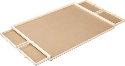 A wooden puzzle board with pull-out drawers on a white background.