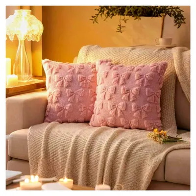 Produktbild von 2 Stück Kissenbezüge mit Schleife, Rosa 45x45 cm, Plüsch Kissen für Deko im Schlafzimmer und Wohnzimmer