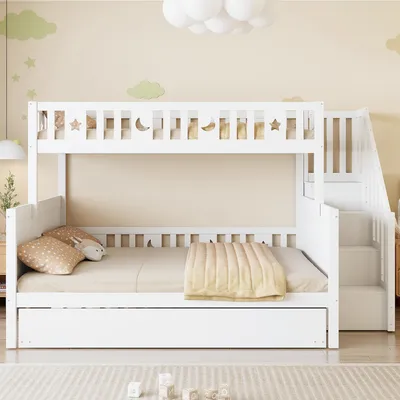 Produktbild von Flieks Etagenbett 90x200/140x200 mit Lattenrost, Hochbett mit Stauraumtreppe, Kinderbett mit Rausfallschutz und Ausziehbett, Stockbett Weiß
