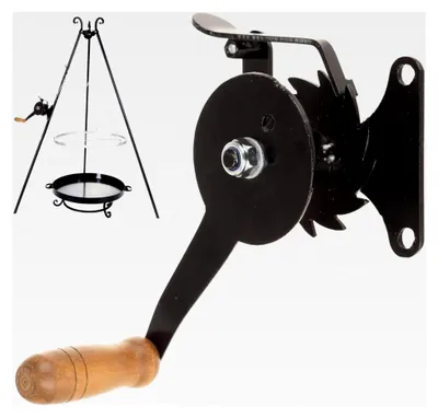 Produktbild von Handseilwinde mit Kurbel - für Grill und Barbecue - Handwinde für Schwenkgrill - kompakte Handkurbel - Grillrolle - Grillrostwinde aus Stahl mit Holzgriff