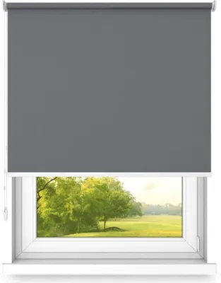 A roller blind is shown partially covering a window that looks out onto a green landscape with trees.