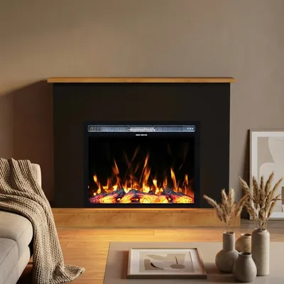 Produktbild von Garlivo Elektrokamin 'ROMA Schwarz/ Eiche ' | LED Standkamin in weiss mit Heizung (1500W) | HxBxT: 84x112x27cm