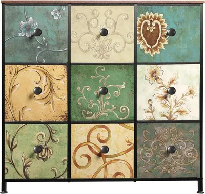Produktbild von Boho Kommode - A2 mit 9 Schubladen - Holzplatte - Stoffschubladen - Metallrahmen - Moderner Stil - Design A2