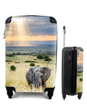 Produktbild von MuchoWow® Koffer Handgepäck Trolley Rollkoffer Kleine Reisekoffer mit 4 Rollen - Elefant - Tiere - Landschaft - Sonne - Natur - Cabin Size < 55x40x23 cm & 55x40x20 cm - Fotokoffer - Kabinenkoffer - Boardgepäck - Reise-Box - Reisekoffer - Reisegepäck - Koffer mit Bild - Trolley für Kinder