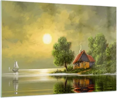 Produktbild von Bilder auf glas - Boot Wasser Hütte - 100x70cm - Glasbilder - Wandbilder - Kunstdruck - zum Aufhängen bereit - Wanddekoration aus Glas - Glas Bilder - Wandbild auf Glas - Einteilig - GAA100x70-3498