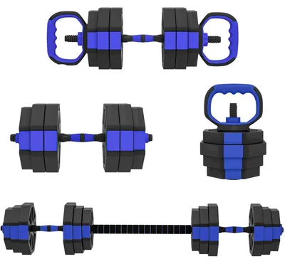 Obrázok produktu pre Sada 6 v 1: činky, kettlebell, tyč – celková hmotnosť 25 kg – úchyty na kliky – posilňovanie rúk – pre pánov – modrá