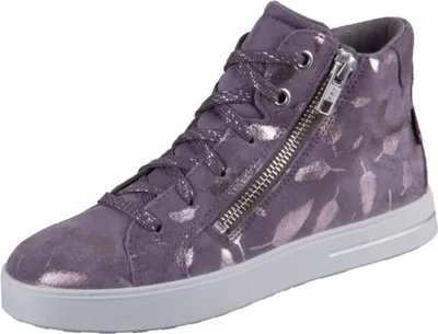 A single purple high-top sneaker with a leaf pattern and a silver zipper is shown against a white background.