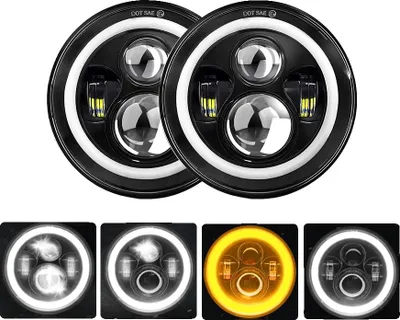 Immagine prodotto di fari a LED da 7 pollici, abbaglianti e anabbaglianti, impermeabile IP68, marrone, bianco con giallo