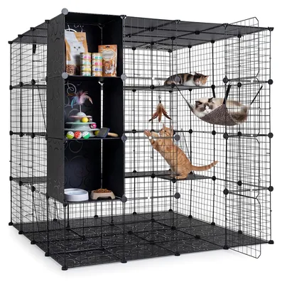 Obrázok produktu pre COSTWAY, modulárna klietka pre mačky, 144x144x142 cm, skladacia klietka s otvorom na streche, platformami, hojdacou sieťou, 3 rebríkmi a 3 úložnými kockami, čierna farba