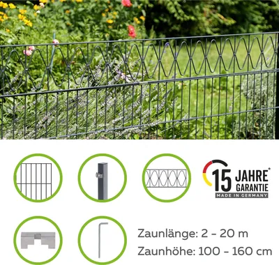 Image de Alberts 668136 Clôture à double barre "Eleganz" comme set complet de clôture de 37 pièces, revêtu de matière synthétique, anthracite, hauteur 120 cm, longueur 14 m