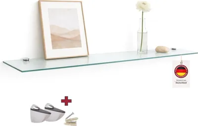 Image de Étagère murale en verre HOOZ Verre de sécurité ESG 6 mm – Étagère suspendue avec supports, tablette en verre transparent pour salle de bain, cuisine et salon, 30 x 13 cm