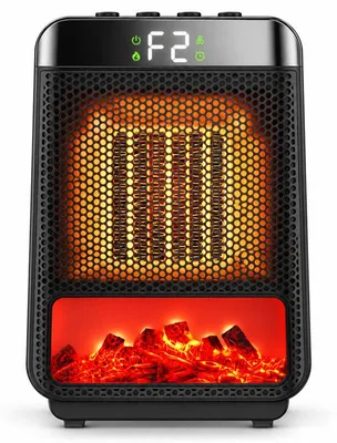 Produktbild von Keramik Heizlüfter, Elektrischer Heizlüfter mit 3D Flammeneffekt, 1500 W, 2 Heizstufen, 4-fach Timer, Schwarz