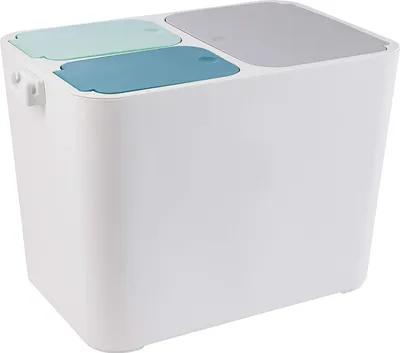 A white recycling bin with three compartments and colored lids.