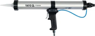 A pneumatic caulking gun on a white background.