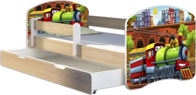 Produktbild von ACMA Jugendbett Kinderbett Junior-Bett Komplett-Set mit Matratze Lattenrost und Rausfallschutz Sonoma 44 Lokomotive 180x80 + Bettkasten