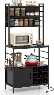 A black kitchen baker's rack filled with various kitchen items.