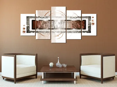 Produktbild von Akustikbild Abstrakt 200x100 cm Bilder Akustikschaum Hochleistungsschallabsorber Schallschutz Leinwand 5 tlg Wandbild Raumakustik Schalldämmung Ornament Textur Perlen gold weiß a-A-0003-b-p