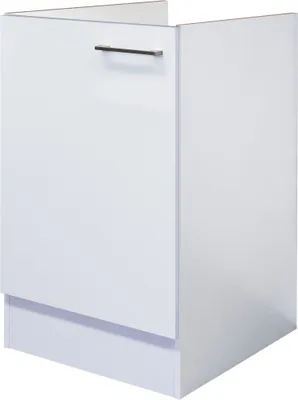 A white kitchen cabinet base unit with a silver handle.