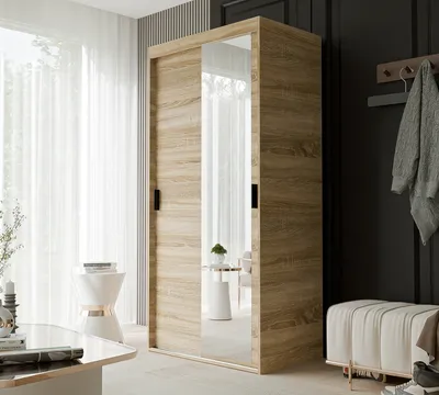 Produktbild von IDOHOME-Schiebetürenschrank mit Spiegel Kleiderschrank LUNA 100 cm mit Regalen und Kleiderstangen Schrank Garderobe Sonoma schwarze Griffe