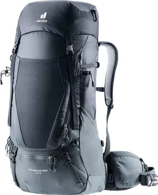 A black and gray Deuter backpack is shown against a white background.