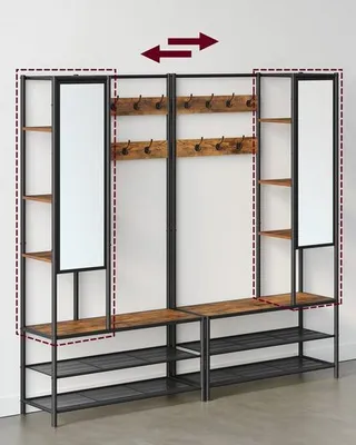 Produktbild von Garderobenständer mit Kleiderhaken, Spiegel, Schuhbank, Kleiderständer, Garderobe, Schuhregal mit Sitzfläche, für Flur, Industrie-Design, 35 x 98 x 182 cm, vintagebraun-schwarz HSR420B01