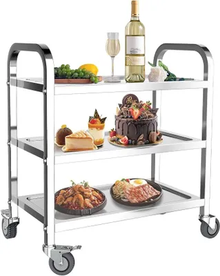 Produktbild von Küchenwagen mit 3 Etagen, Edelstahl, 75 x 40 x 83,5 cm, großer Servierwagen mit Feststellrädern für Küche, Hotels, Restaurants