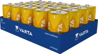 A display box of Varta D-size alkaline batteries.