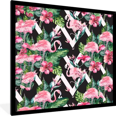 Produktbild von MuchoWow® MuchoWow® Gerahmtes Poster Flamingo - Blumen - Blätter - Muster 40x40 cm - Poster mit zchwarzem Bilderrahmen - Mit Rahmen - Wanddekoration Schlafzimmer