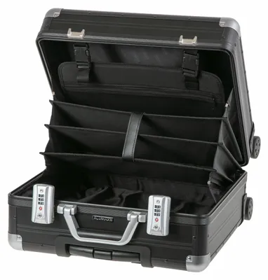 Produktbild von ALUMAXX ® Trolley GEMINI Innenmaße: 36,5x39x17 cm (BxHxT) Außenmaße: 42,5x40x21 cm (BxHxT) mit Rollen herausnehmbares Fächerfach Netzfach Overnightfach Aluminium schwarz