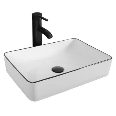 Produktbild von Puluomis Waschbecken Keramik Aufsatzwaschbecken Waschschale Reckig 48x38x13.5cm mit Wasserhahn, Ablaufgarnitur, heiße und kalte Wasser Linien weiß
