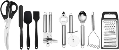 Produktbild von Küchenhelfer-Set aus Silikon, 34-teilig, hitzebeständig, mit Küchenwerkzeugen, Reibe und Halter, Schwarz