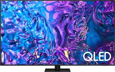 A Samsung QLED smart TV displaying a colorful abstract image.