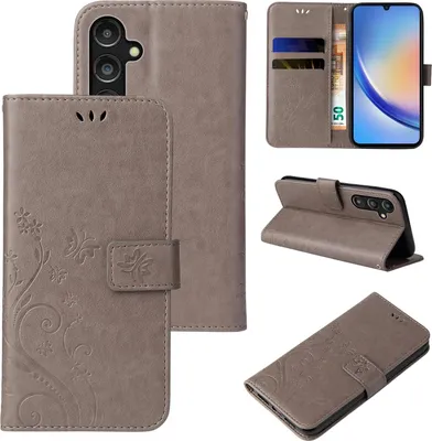 Collage of images showing a flip phone case for a Samsung Galaxy A15 / A15 5G with a floral and butterfly design in gray.