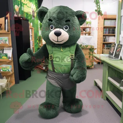Produktbild von Maskottchen REDBROKOLY Kostümfigur Waldgrüner Bär bekleidet mit Latzhose und Schnürsenkeln