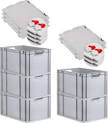 Produktbild von SuperSparSet 5x Eurobox NextGen Grip mit Scharnierdeckel und roten Schiebeschnappverschlüssen | HxBxT 32x40x60cm | 65 Liter | Grau | Griffe offen | Verstärkter Boden | Eurobehälter, Transportbox, Transportbehälter, Stapelbehälter