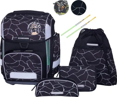 A product collage showing a school backpack set with accessories.