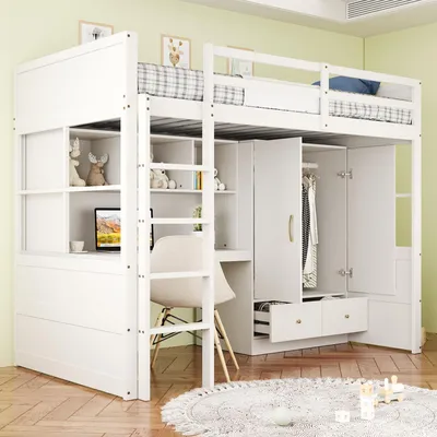Produktbild von MODFU Kinderbett Hochbett 90x200 mit Leiter und Fächer,Jugendbett mit Schreibtisch,Kleiderschrank und Schubladen,Bettgestell,ohne Matratze,Weiß