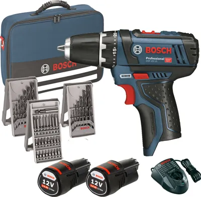 Produktbild von Bosch Akku-Bohrschrauber GSR 12V-15 / 2x 2,0 Ah Akku + Ladegerät inkl. Bit und Bohrer-Set im Softbag - 0615990GB0