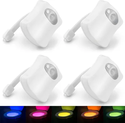 A collage of four toilet lights and several examples of them illuminating toilet bowls in different colors.