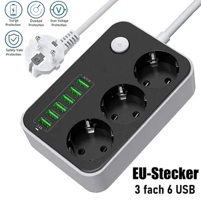 Produktbild von Steckdosenleiste 3-Fach 6 USB Mehrfachsteckdose mit Flachstecker und Schalter