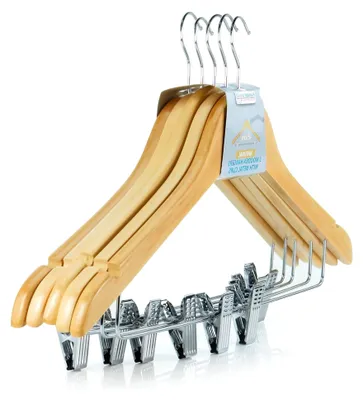 Produktbild von 5 Naturfarbene Clip-Kleiderbügel 45cm Holz Kleiderbügel mit Clips Bügel mit Klammern