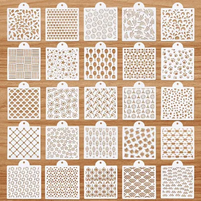 Produktbild von Kunststoff Sashiko Schablonen Set - 25 verschiedene geometrische Muster - Zum Nähen Quilten und Sticken - 25 Stück 5,86x6,85 cm