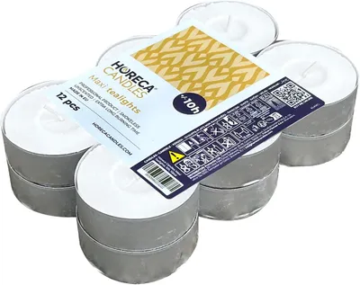 Zdjęcie produktu dla Świeczki typu "tea light", białe, nieparfiumowane, 12 sztuk, duże świeczki o wymiarach 57 x 22 mm, czas palenia 10 godzin, szczelne, zestaw 12 sztuk