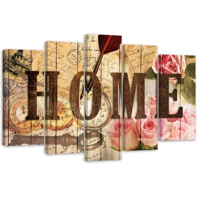 Produktbild von 5-teiliges leinwandbild home-schriftzug für ihr zuhause im vintage-stil 100x70 cm Feeby braun wandbild bereit zum aufhängen