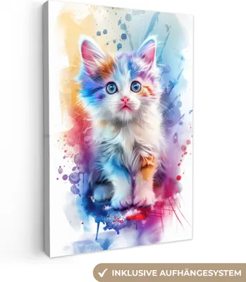 Zdjęcie produktu dla MuchoWow® - Obraz na płótnie - Kot - Kolorowy - Kolorowy - Zwierzę - Biały, fototapeta, dekoracja ścienna obrazy salon, 80x120cm