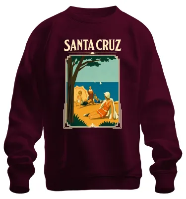 Imagen del producto de Santa Cruz, California. Sudadera con cuello redondo, diseño de playa, sol y verano. Estilo "vacaciones en Estados Unidos". Color burdeos, talla 3XL