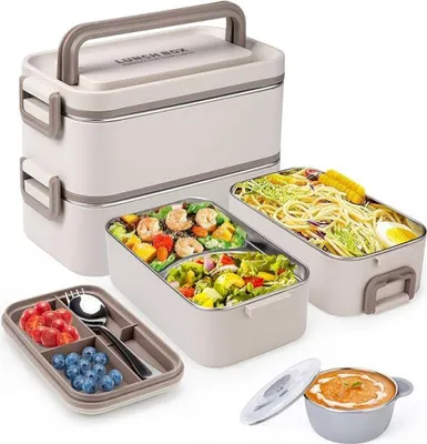Produktbild von Lunchbox für Erwachsene, stapelbar, 2 Lunchbehälter aus Edelstahl 304 für Erwachsene, Kinder, Büro, tragbare Lunchbox-Behälter mit 2 l Fassungsvermögen, mit Suppenschüssel, Löffel und Gabel